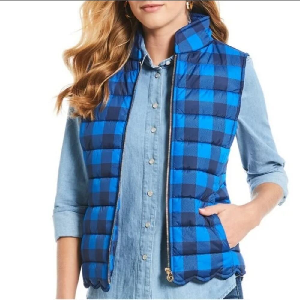 Draper James sz 10 blue buffalo plaid scallop hem puffer vest